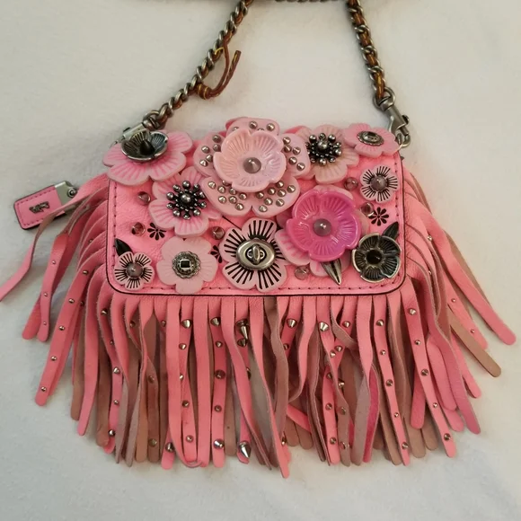 COACH PINK STUDDED WILD TEA ROSE DINKY FRINGE CROSSBODY RARE with COA - Picture 6 of 17